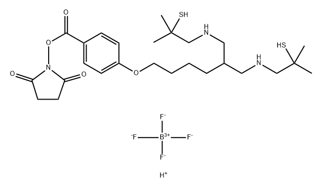 1-((4-((6-((2-Mercapto-2-methylpropyl)amino)-5-(((2-mercapto-2-methylp ropyl)amino)methyl)hexyl)oxy)benzoyl)oxy)-2,5-pyrrolidinedione bis(tet rafluoroborate(1-)) 结构式