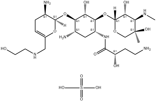 sulfuric acid compound with (S)-4-amino-N-((1R,2S,3S,4R,5S)-5-amino-4-(((2S,3R)-3-amino-6-(((2-hydroxyethyl)amino)methyl)-3,4-dihydro-2H-pyran-2-yl)oxy)-2-(((2R,3R,4R,5R)-3,5-dihydroxy-5-methyl-4-(methylamino)tetrahydro-2H-pyran-2-yl)oxy)-3-hydroxycyclohexyl)-2-hydroxybutanamide (2.5:1) 结构式