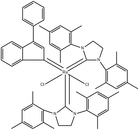 (SP-5-31)-双[1,3-双(2,4,6-三甲基苯基)-2-咪唑啉亚基]二氯(3-苯基-1H-茚-1-亚基)钌 结构式