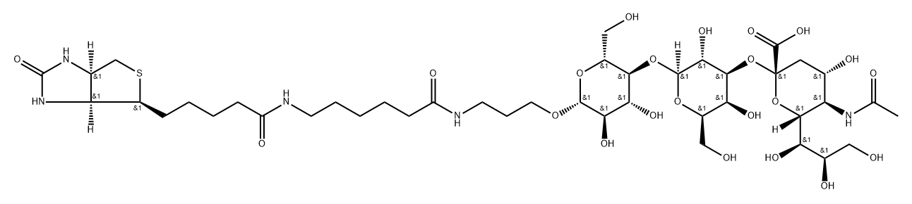 (3AS,4S,6AR)-N-[6-[[3-[[O-(N-乙酰基-ALPHA-神经胺酸基)-(2-3)-O-BETA-D-吡喃半乳糖基-(1-4)-BETA-D-吡喃葡萄糖基]氧基]丙基]氨基]-6-氧代己基]六氢-2-氧代-1H-噻吩并[3,4-D]咪唑-4-戊酰胺 结构式