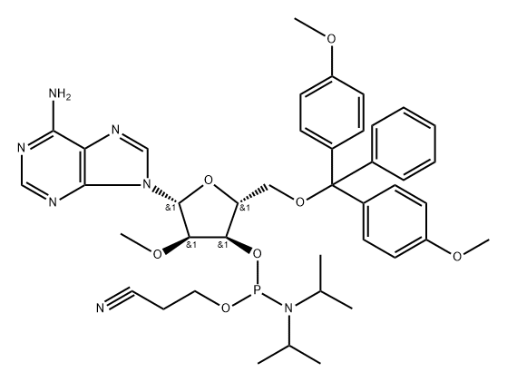 Adenosine, 5'-O-[bis(4-methoxyphenyl)phenylmethyl]-2'-O-methyl-, 3'-[2-cyanoethyl N,N-bis(1-methylethyl)phosphoramidite] 结构式