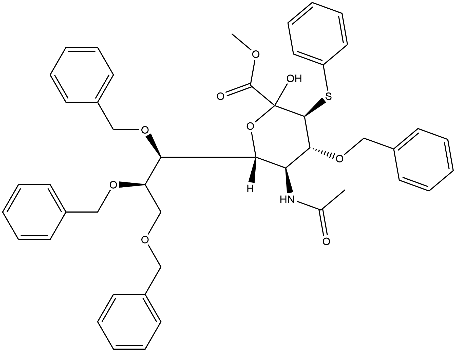 D-erythro-L-gluco-2-Nonulopyranosonic acid, 5-(acetylamino)-5-deoxy-3-S-phenyl-4,7,8,9-tetrakis-O-(phenylmethyl)-3-thio-, methyl ester 结构式