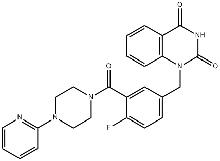 1-[4-Fluoro-3-(4-pyridin-2-yl-piperazine-1-carbonyl)-benzyl]-1H-quinazoline-2,4-dione 结构式