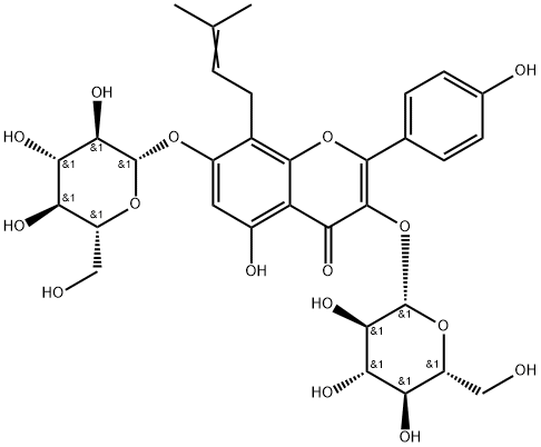 4H-1-Benzopyran-4-one, 3,7-bis(β-D-glucopyranosyloxy)-5-hydroxy-2-(4-hydroxyphenyl)-8-(3-methyl-2-buten-1-yl)- 结构式