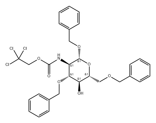 PHENYLMETHYL 2-DEOXY-3,6-BIS-O-(PHENYLMETHYL)-2-[[(2,2,2-TRICHLOROETHOXY)CARBONYL]AMINO]-Β-D-GLUCOPYRANOSIDE苯基甲基 2-脱氧-3,6-双-O-(苯基甲基)-2 - [[(2,2,2-三氯乙氧基)羰基]氨基]-Β-D-吡喃葡萄糖苷 结构式
