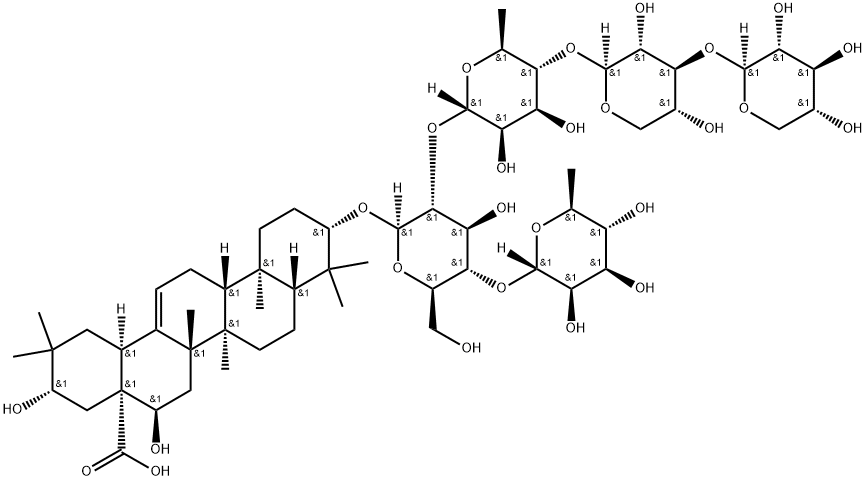 3-O-((xylopyranosyl-1-3-xylopyranosyl-1-4-rhamnopyranosyl-1-2)-(rhamnopyranosyl-1-4)-glucopyranosyl)-3,16-trihydroxyolean-12-en-28-oic acid 结构式
