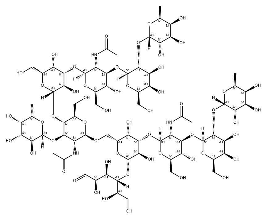 O-6-脱氧-ALPHA-L-吡喃半乳糖基-(1-3)-O-[O-6-脱氧-ALPHA-L-吡喃半乳糖基-(1-2)-O-BETA-D-吡喃半乳糖基-(1-3)-O-2-(乙酰氨基)-2-脱氧-BETA-D-吡喃葡萄糖基-(1-3)-BETA-D-吡喃半乳糖基-(1-4)]-O-2-(乙酰氨基)-2-脱氧-BETA-D-吡喃葡萄糖基-(1-6)-O-[O-6-脱氧-ALPHA-L-吡喃半乳糖基-(1-2)-O-BETA-D-吡喃半乳糖基-(1-3)-2-(乙酰氨基)-2-脱氧-BETA-D-吡喃葡萄糖基-(1-3)]-O-BETA-D-吡喃半乳糖基-(1-4)-D-葡萄糖 结构式