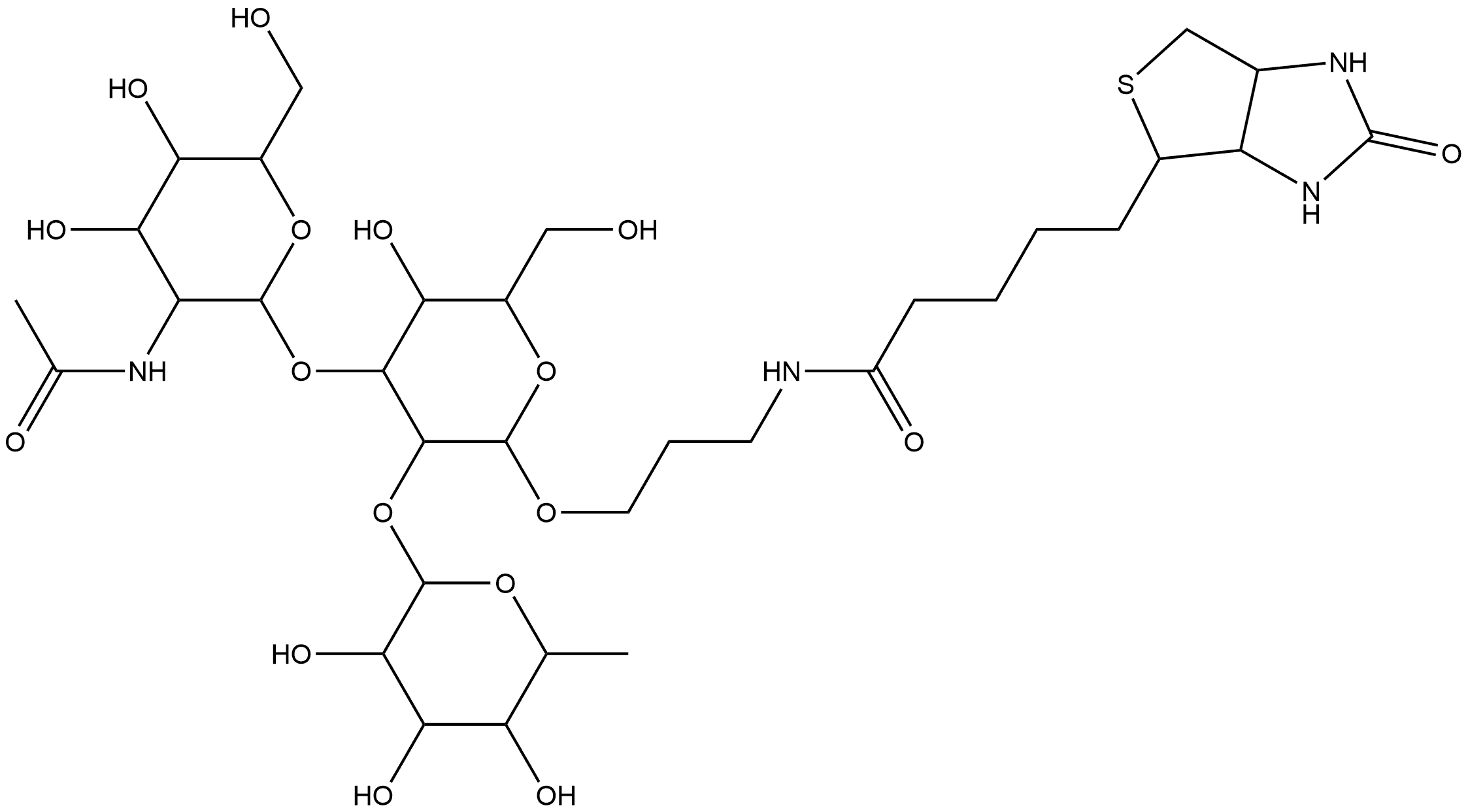 3aS-(3aα,4β,6aα)]-N-[3-[[O-2-(acetylamino)-2-deoxy-α-D-galactopyranosyl-(1→3)-O-[6-deoxy-α-L-galactopyranosyl-(1→2)]-β-D-galactopyranosyl]oxy]propyl]hexahydro-2-oxo-1H-Thieno[3,4-d]imidazole-4-pentanamide 结构式