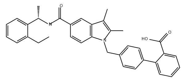 (S)-4'-((5-((1-(2-ethylphenyl)ethyl)carbamoyl)-2,3-dimethyl-1H-indol-1-yl)methyl)-[1,1'-biphenyl]-2-carboxylic acid 结构式