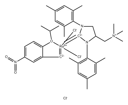 1,3-双(2,4,6-三甲基苯基)-4-[(三甲基铵基)甲基]咪唑烷-2-亚基]-(2-异丙氧基-5-硝基苯亚甲基)二氯化钌(II) 结构式