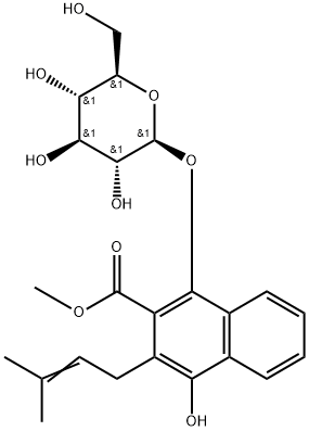 1,4-DIHYDROXY-2-CARBOMETHOXY-3-PRENYLNAPHTHALENE-1-O-Β-D-GLUCOPYRANOSIDE 结构式