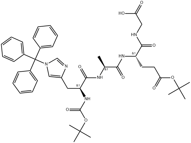 ((S)-5-(叔丁氧基)-2-((S)-2-((S)-2-((叔丁氧羰基)氨基)-3-(1-三苯甲基-1H-咪唑-4-基)丙酰胺基)丙酰胺基)-5-氧代戊酰基)甘氨酸 结构式