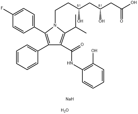 1H-Pyrrole-1-heptanoic acid, 2-(4-fluorophenyl)-β,δ-dihydroxy-4-[[(2-hydroxyphenyl)amino]carbonyl]-5-(1-methylethyl)-3-phenyl-, sodium salt, hydrate (1:1:2), (βR,δR)- 结构式