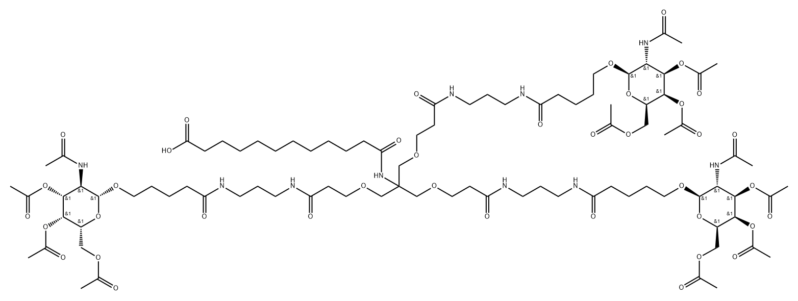 16-Oxa-13,20,24-triazanonacosanoic acid, 12,19,25-trioxo-14,14-bis[[3-oxo-3-[[3-[[1-oxo-5-[[3,4,6-tri-O-acetyl-2-(acetylamino)-2-deoxy-β-D-galactopyranosyl]oxy]pentyl]amino]propyl]amino]propoxy]methyl]-29-[[3,4,6-tri-O-acetyl-2-(acetylamino)-2-deoxy-β-D-galactopyranosyl]oxy]- 结构式