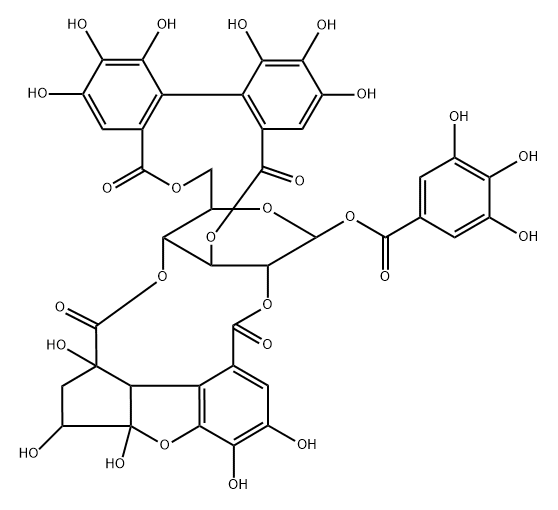 β-D-Glucopyranose, cyclic 3,6-(4,4',5,5',6,6'-hexahydroxy[1,1'-biphenyl]-2,2'-dicarboxylate) cyclic 2→8:4→1-(2,3,3a,8b-tetrahydro-1,3,3a,5,6-pentahydroxy-1H-cyclopenta[b]benzofuran-1,8-dicarboxylate) 1-(3,4,5-trihydroxybenzoate) 结构式