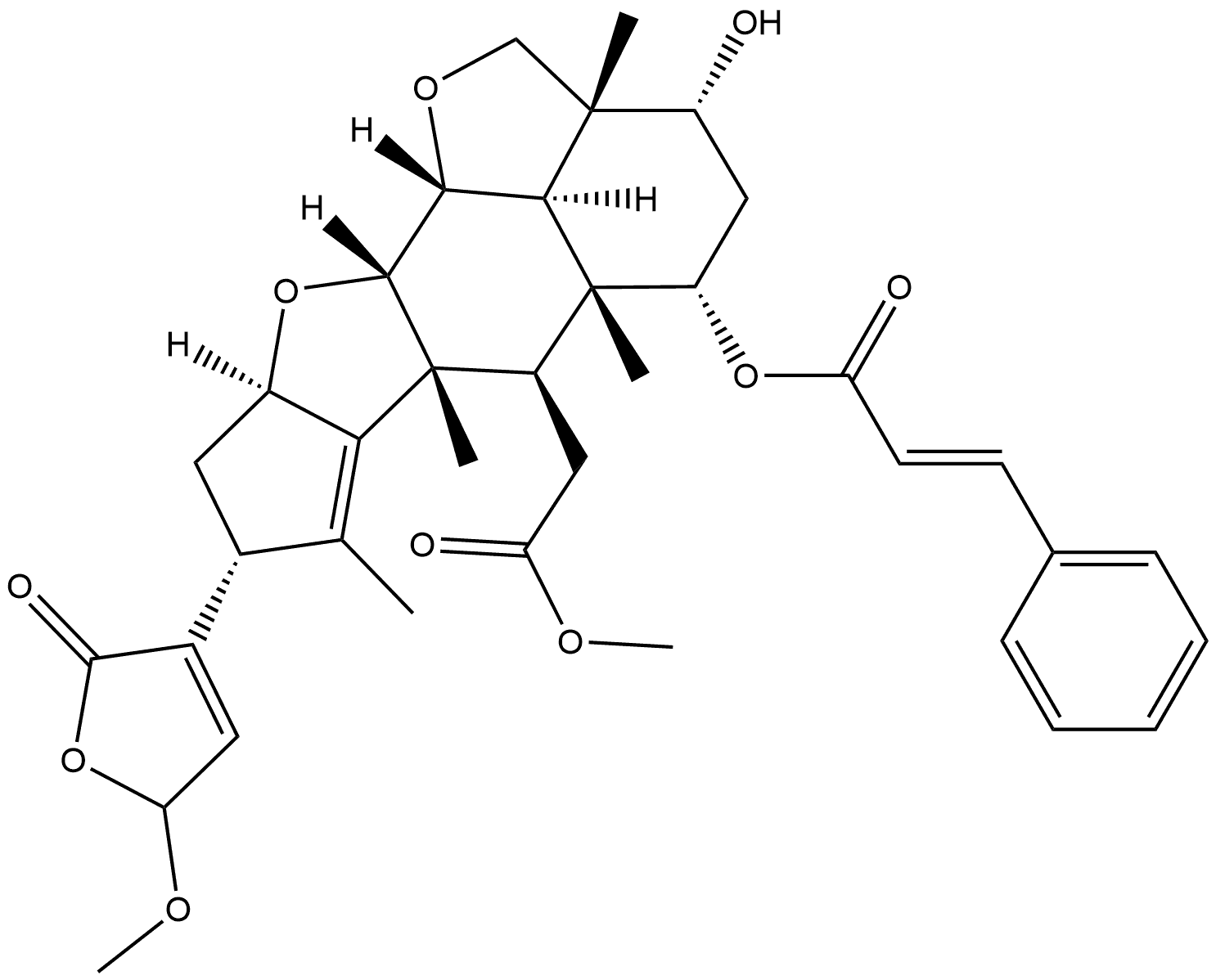 2H,3H-Cyclopenta[d']naphtho[1,8-bc:2,3-b']difuran-6-acetic acid, 8-(2,5-dihydro-5-methoxy-2-oxo-3-furanyl)-2a,4,5,5a,6,6a,8,9,9a,10a,10b,10c-dodecahydro-3-hydroxy-2a,5a,6a,7-tetramethyl-5-[[(2E)-1-oxo-3-phenyl-2-propen-1-yl]oxy]-, methyl ester, (2aR,3R,5S,5aR,6R,6aR,8R,9aR,10aS,10bR,10cR)- 结构式