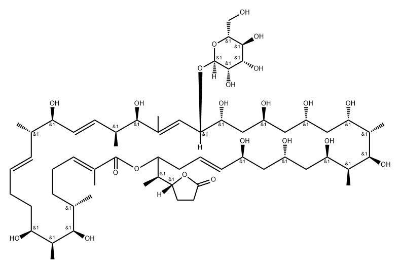 Oxacyclodotetraconta-3,13,17,21,39-pentaen-2-one, 8,10,16,20,24,26,28,30,32,34,36,38-dodecahydroxy-23-(α-D-mannopyranosyloxy)-3,7,9,15,19,21,31,33-octamethyl-42-[(1R)-1-[(2R)-tetrahydro-5-oxo-2-furanyl]ethyl]-, (3E,7S,8R,9S,10S,13E,15S,16S,17E,19S,20R,21E,23S,24R,26S,28S,30S,31S,32R,33S,34R,36S,38S,39E,42S)- 结构式