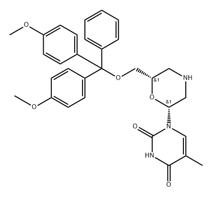 1-((2R,6S)-6-((双(4-甲氧基苯基)(苯基)甲氧基)甲基)吗啉-2-基)-5-甲基嘧啶-2,4(1H,3H)-二酮 结构式