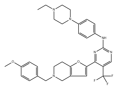 N-[4-(4-Ethyl-1-piperazinyl)phenyl]-4-[4,5,6,7-tetrahydro-5-[(4-methoxyphenyl)methyl]furo[3,2-c]pyridin-2-yl]-5-(trifluoromethyl)-2-pyrimidinamine 结构式