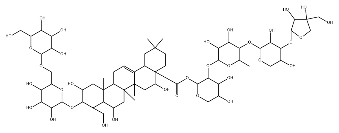 Olean-12-en-28-oic acid, 3-[(6-O-β-D-glucopyranosyl-β-D-glucopyranosyl)oxy]-2,6,16,23-tetrahydroxy-, O-D-apio-β-D-furanosyl-(1→3)-O-β-D-xylopyranosyl-(1→4)-O-6-deoxy-α-L-mannopyranosyl-(1→2)-α-L-arabinopyranosyl ester, (2β,3β,4α,6β,16α)- 结构式