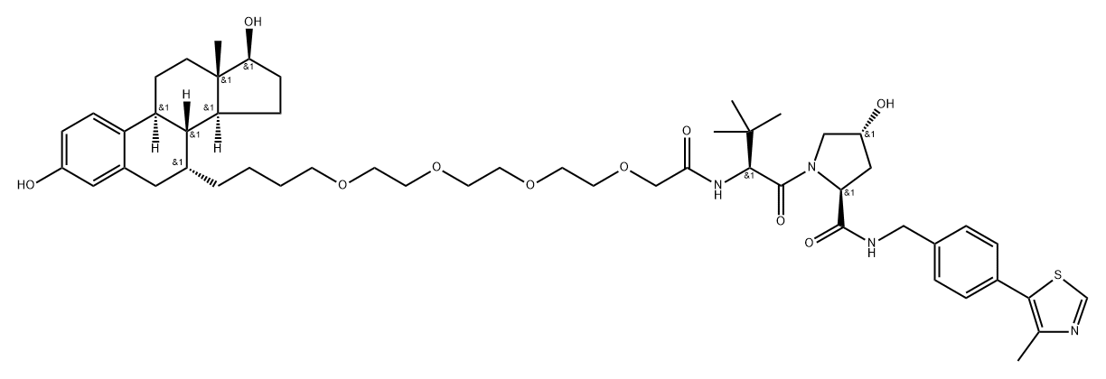 2-Pyrrolidinecarboxamide, 1-[(2S)-19-[(7α,17β)-3,17-dihydroxyestra-1,3,5(10)-trien-7-yl]-2-(1,1-dimethylethyl)-1,4-dioxo-6,9,12,15-tetraoxa-3-azanonadec-1-yl]-4-hydroxy-N-[[4-(4-methyl-5-thiazolyl)phenyl]methyl]-, (2S,4R)- 结构式