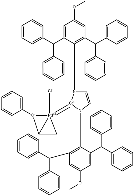 氯[(1,2,3-Η) - 1-苯基-2-丙烯-1-基] - {[1,3-双[2,6-双(二苯甲基)-4-甲氧基苯基]-2H-咪唑-2-亚基}合钯 结构式