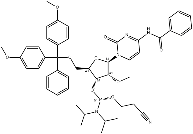 Cytidine, N-benzoyl-5'-O-[bis(4-methoxyphenyl)phenylmethyl]-2'-O-methyl-, 3'-[2-cyanoethyl bis(1-methylethyl)phosphoramidite], (S)- (9CI) 结构式