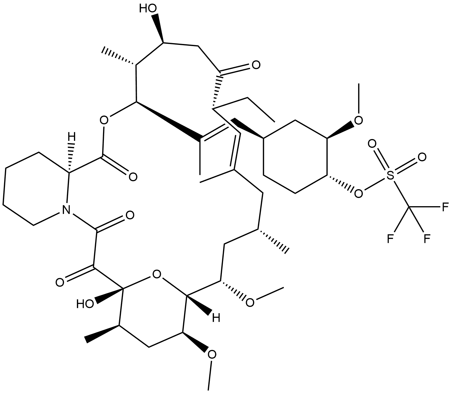 Methanesulfonic acid, trifluoro-, 4-[2-(8-ethyl-1,4,5,6,7,8,11,12,13,14,15,16,17,18,19,20,21,23,24,25,26,26a-docosahydro-5,19-dihydroxy-14,16-dimethoxy-4,10,12,18-tetramethyl-1,7,20,21-tetraoxo-15,19-epoxy-3H-pyrido[2,1-c][1,4]oxaazacyclotricosin-3-yl)-1-propenyl]-2-methoxycyclohexyl ester, [3S-[3R*... 结构式