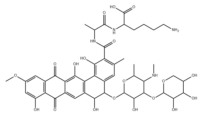 L-Lysine, N2-[N-[[5-[[4,6-dideoxy-4-(methylamino)-3-O-β-D-xylopyranosyl-β-D-galactopyranosyl]oxy]-5,6,8,13-tetrahydro-1,6,9,14-tetrahydroxy-11-methoxy-3-methyl-8,13-dioxobenzo[a]naphthacen-2-yl]carbonyl]-D-alanyl]-, (5S-trans)- (9CI) 结构式