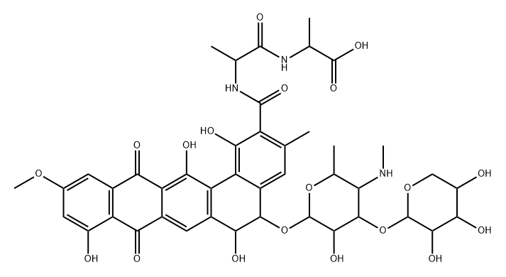 L-Alanine, N-[N-[[5-[[4,6-dideoxy-4-(methylamino)-3-O-β-D-xylopyranosyl-β-D-galactopyranosyl]oxy]-5,6,8,13-tetrahydro-1,6,9,14-tetrahydroxy-11-methoxy-3-methyl-8,13-dioxobenzo[a]naphthacen-2-yl]carbonyl]-D-alanyl]-, (5S-trans)- (9CI) 结构式