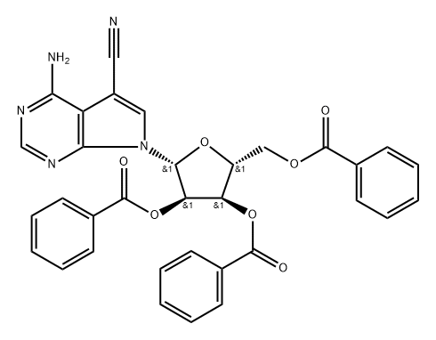 (2R,3R,4R,5R)-二苯甲酸[2-(4-氨基-5-氰基-7H-吡咯并[2,3-D]嘧啶-7-基)-5-[(苯甲酰基氧基)甲基]四氢呋喃-3,4-二基]酯 结构式