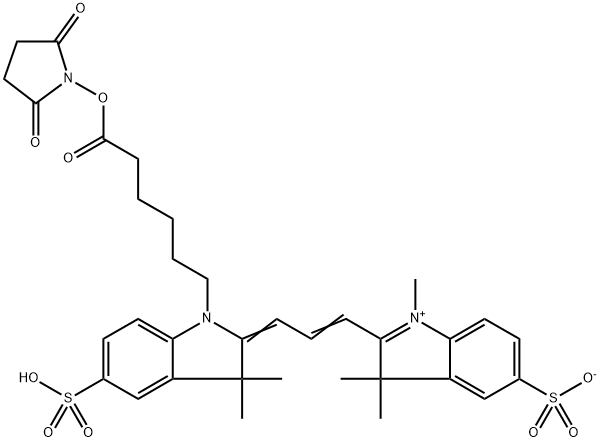 3H-Indolium, 2-[3-[1-[6-[(2,5-dioxo-1-pyrrolidinyl)oxy]-6-oxohexyl]-1,3-dihydro-3,3-dimethyl-5-sulfo-2H-indol-2-ylidene]-1-propen-1-yl]-1,3,3-trimethyl-5-sulfo-, inner salt 结构式