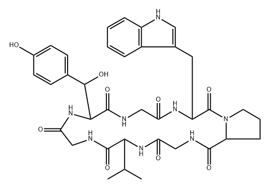 Cyclo(glycyl-L-tryptophyl-L-prolylglycyl-L-valylglycyl-β-hydroxy-L-tyrosyl) (9CI) 结构式