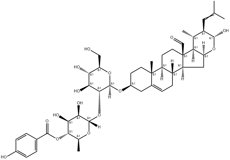 3-((2-O-(6-deoxy-4-O-(4-hydroxybenzoyl)mannopyranosyl)glucopyranosyl)oxy)-16,23-epoxy-23-hydroxy-22-(2-methyl-1-propenyl)-24-norchol-5-en-18-al 结构式