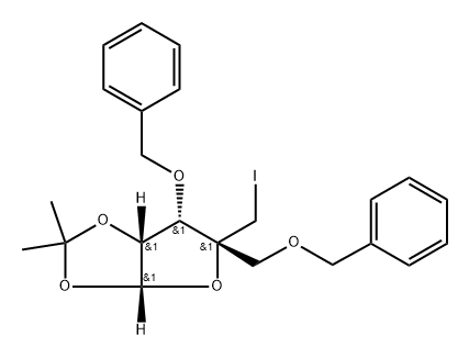 化合物 4-C-(IODOMETHYL)-1,2-DI-O-(1-METHYLETHYLIDENE)-3,5-BIS-O-(PHENYLMETHYL)-A-D-RIBOFURANOSE 结构式