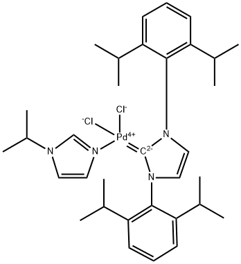 钯,[1,3-双[2,6-双(1-甲基乙基)苯基]-1,3-二氢-2H-咪唑-2-亚基]二氯[1-(1-甲基乙基)-1H-咪唑-ΚN3]-,(SP-4-1) 结构式