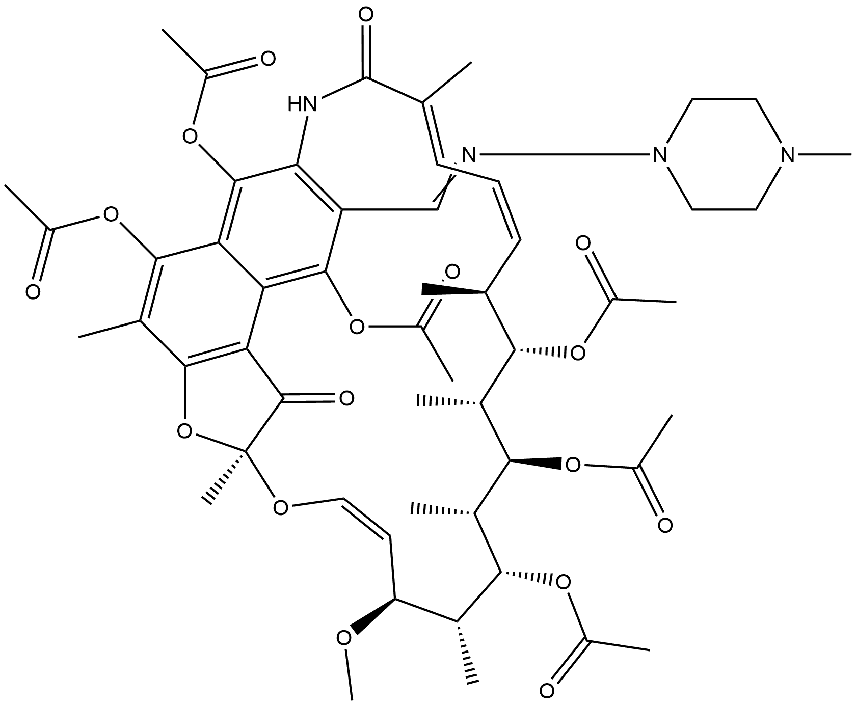 Rifamycin, 3-[[(4-methyl-1-piperazinyl)imino]methyl]-, 1,4,8,21,23-pentaacetate 结构式