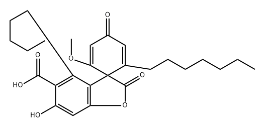 Spiro[benzofuran-3(2H),1'-[2,5]cyclohexadiene]-5-carboxylic acid, 2'-heptyl-6-hydroxy-6'-methoxy-2,4'-dioxo-4-pentyl- (9CI) 结构式