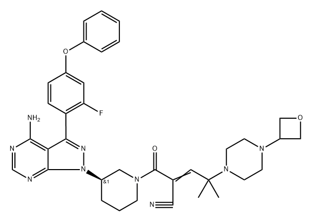 (R)-2-(3-(4-氨基-3-(2-氟-4-苯氧基苯基)-1H-吡唑并[3,4-D]嘧啶-1-基)哌啶-1-羰基)-4-甲基-4-(4-(氧杂环丁烷-3-基)哌嗪-1-基)戊-2-烯腈 结构式