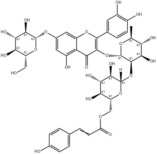 槲皮素 3-O-2''-(6''-P-反式-香豆酰基)-葡萄糖鼠李糖基-7-O-Β-D-葡萄糖苷 结构式