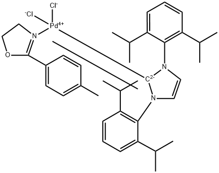 钯，[1,3-双[2,6-双(1-甲基乙基)苯基] -1,3-二氢-2H-咪唑-2-亚烷基]二氯[4,5-二氢-2-(4-甲基苯基) )恶唑-κN3]-，(SP-4-1)- 结构式
