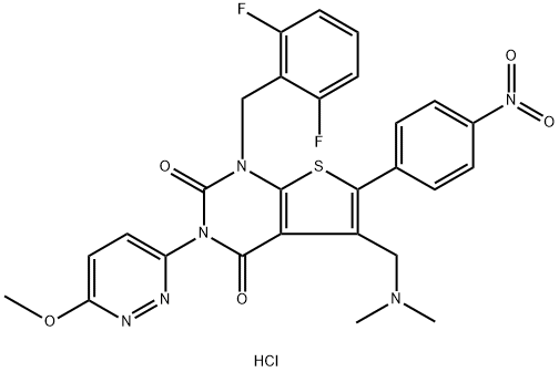 1-(2,6-二氟苄基)-5-[(二甲基氨基)甲基]-3-(6-甲氧基 - 3-哒嗪基)-6-(4-硝基苯基)-噻吩并[2,3-D]嘧啶-2,4(1H,3H)-二酮.盐酸盐 结构式