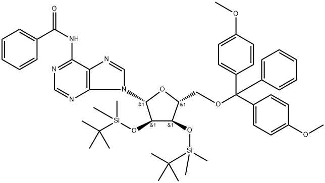 N-(9-((2R,3R,4R,5R)-5-((二(4-甲氧苯基)(苯基)甲氧基)甲基)-3,4-二((叔-丁基二甲基甲硅烷基)氧代)四氢呋喃-2-基)-9H-嘌呤-6-基)苯甲酰胺 结构式