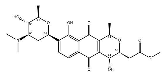 1H-Naphtho(2,3-c)pyran-3-acetic acid, 3,4,5,10-tetrahydro-4,9-dihydrox y-1-methyl-5,10-dioxo-8-(2,3,6-trideoxy-3-(dimethylamino)-beta-D-arabi no-hexopyranosyl)-, methyl ester, (R-(1alpha,3beta,4beta))- 结构式