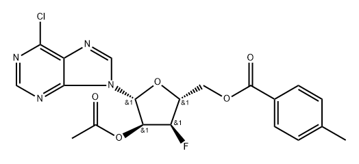 9-(2-O-Acetyl-5-O-toluyl-3-deoxy-3-fluoro-beta-D-ribofuranosyl)-6-chloro-9H-purine 结构式