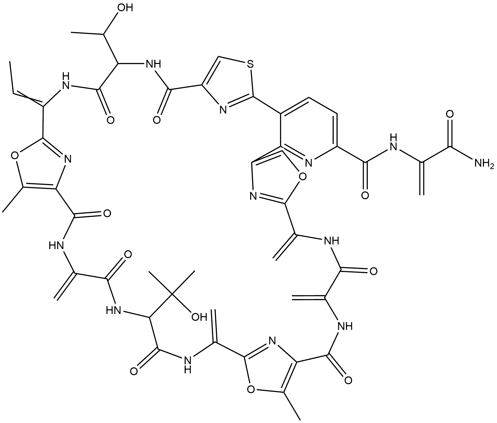19H-8,5:18,15:31,28:41,38-Tetranitrilo-5H,15H,38H-pyrido[3,2-z][1,14,30,24,4,7,10,17,20,33,36]trioxathiaheptaazacyclononatriacontine-2-carboxamide, N-[1-(aminocarbonyl)ethenyl]-14-ethylidene-9,10,11,12,13,14,20,21,22,23,24,25,26,27,32,33,34,35,36,37-eicosahydro-11-(1-hydroxyethyl)-24-(1-hydroxy-1-methylethyl)-17,30-dimethyl-21,27,34,37-tetrakis(methylene)-9,12,19,22,25,32,35-heptaoxo- 结构式