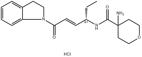 2H-Pyran-4-carboxamide, 4-amino-N-[(1S,2E)-4-(2,3-dihydro-1H-indol-1-yl)-1-ethyl-4-oxo-2-buten-1-yl]tetrahydro-, hydrochloride (1:1) 结构式