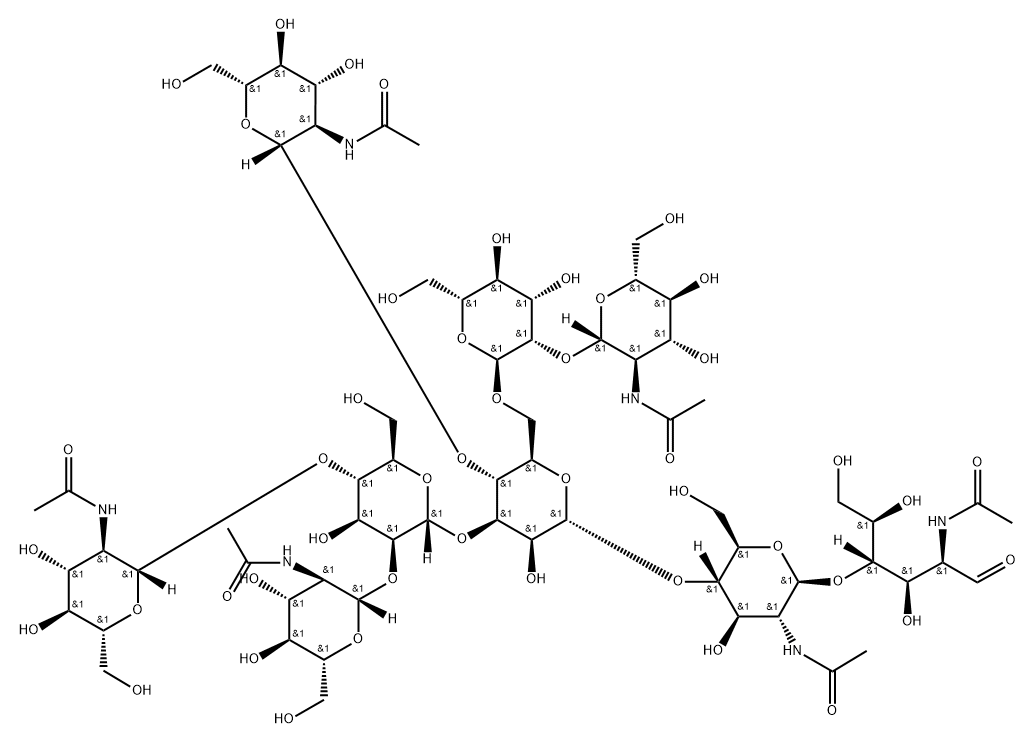 2-(乙酰氨基)-2-脱氧-BETA-D-吡喃葡萄糖基-(1-4)-O-[2-(乙酰氨基)-2-脱氧-BETA-D-吡喃葡萄糖基-(1-2)]-O-BETA-D-甘露糖基-(1-4)-O-[O-2-(乙酰氨基)-2-脱氧-BETA-D-吡喃葡萄糖基-(1-4)-O-[O-2-(乙酰氨基)-2-脱氧-BETA-D-吡喃葡萄糖基-(1-2)]-O-ALPHA-D-甘露糖基-(1-3)]-O-ALPHA-D-甘露糖基-(1-4)-O-2-(乙酰氨基)-2-脱氧-BETA-D-吡喃葡萄糖基-(1-4)-D-甘露糖 结构式