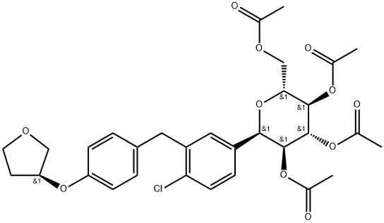 (2R,3R,4R,5S,6R)-2-(acetoxymethyl)-6-(4-chloro-3-(4-(((S)-tetrahydrofuran-3-yl)oxy)benzyl)phenyl)tetrahydro-2H-pyran-3,4,5-triyl triacetate 结构式