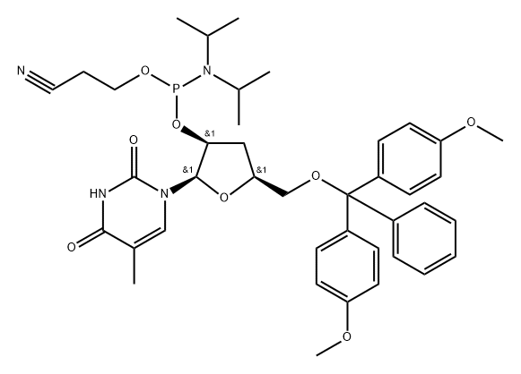 3'-Deoxy-5'-O-DMT-thymidine 2'-CE phosphoramidite 结构式